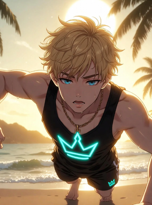 The image features a young man with blonde hair wearing a black tank top and shorts, standing at the beach during sunrise or sunset. The sun is setting behind him, creating a beautiful backdrop for his photo. He has a serious expression on his face as he looks directly into the camera.