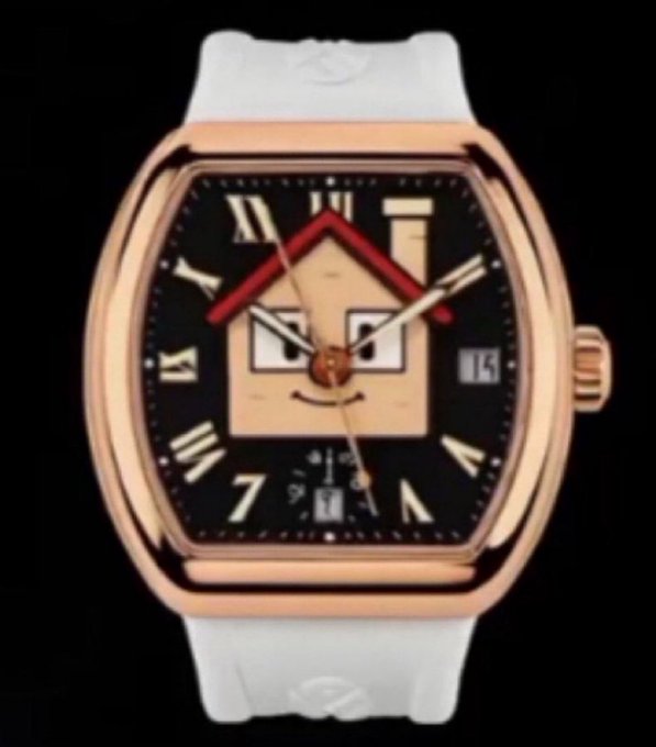 A rose gold tonneau-shaped watch features a black dial with a vintage cartoon house character on the face, accompanied by Roman numerals, a date window showing "13," and a small seconds subdial near the 6 position. The white strap and whimsical design give the watch a playful, casual aesthetic that aligns with the laid-back "gchill" vibe.