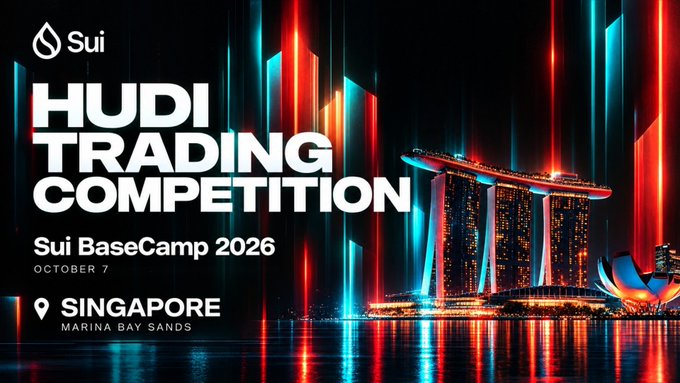 A promotional banner for the 'HUDI Trading Competition' at Sui BaseCamp 2026 on October 7 in Singapore at Marina Bay Sands, featuring a vibrant neon-lit cityscape with the Marina Bay Sands hotel.