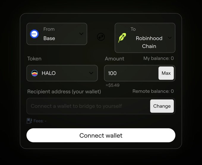 Screenshot of a cryptocurrency bridge interface showing a token swap from Base to Robinhood Chain for 'HALO' tokens, with a 'Connect wallet' button at the bottom.