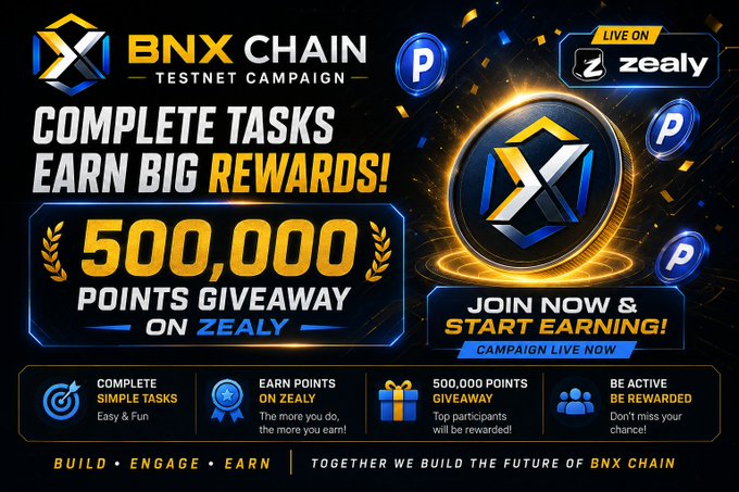A promotional graphic for the BNX Chain Testnet Campaign featuring a 500,000 points giveaway on Zealy, with bold text reading "COMPLETE TASKS EARN BIG REWARDS!" alongside the BNX Chain logo, golden accents, and coins, matching the post's announcement of the live airdrop campaign at zealy.io/cw/bnxchain.