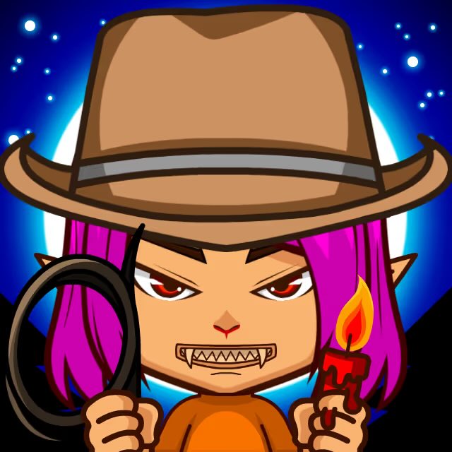 A chibi-style cartoon character with bright pink hair, pointed ears, and sharp fangs wears a brown fedora against a starry night sky with a full moon, holding a curled whip in one hand and a melting red candle in the other. The vampire-like figure's nighttime aesthetic pairs with the post's "Good night" (GN) message and dreamy sentiment about being the reason for someone's smile.