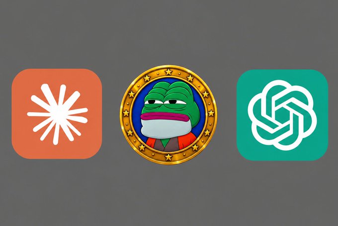 Three app icons are displayed against a gray background: an orange icon with a white starburst design on the left, a circular gold badge featuring a Pepe the Frog character wearing a soldier's uniform in the center, and a teal icon with a white knot symbol on the right.