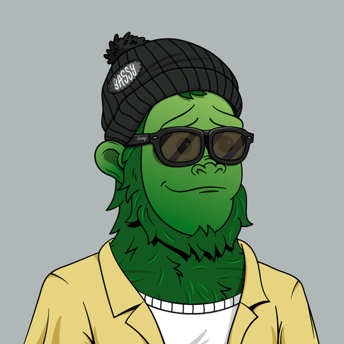 A digital illustration of a green monkey-like character wearing a black beanie, sunglasses with an "OMEGA" detail, and a yellow blazer.