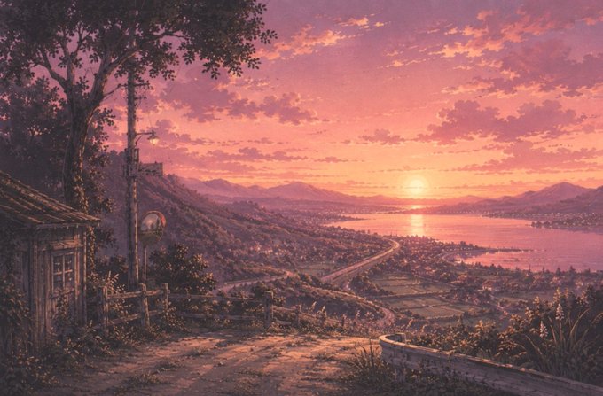 An illustration of a scenic sunset over a coastal landscape, featuring pink and purple skies, a winding path leading down toward the water, and a small wooden hut framed by trees on the left.
