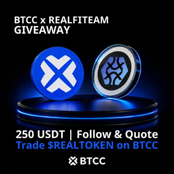 The image shows a pair of blue coins, likely bitcoins, placed on a black background with neon lights. There are two coins side by side, one larger than the other. At the bottom of the image, there's text that reads "BTCC x @RealFITeam GIVEAWAY Follow & #QUOTE Trade $REALTOKEN &". This suggests that the coins are related to a trading platform and might be part of an upcoming giveaway or promotion for something related to cryptocurrencies.