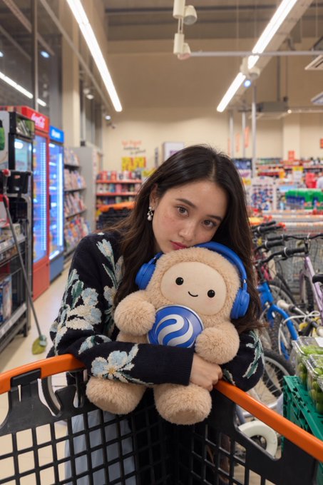 A young woman with long dark hair stands in a supermarket aisle holding a plush teddy bear wearing blue headphones with a white logo.