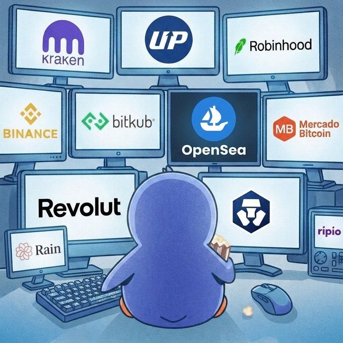 urn of gold coins, a blue penguin, and a computer monitor display logos for Bitcoin, Kraken, OpenSea, Revolut, RIN, Rain, and BitCoin.