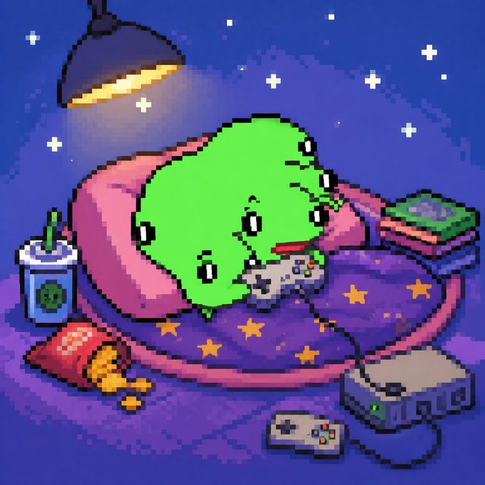 Pixel art illustration of a green creature sleeping on a purple pillow, playing a video game under a warm lamp with snacks nearby.