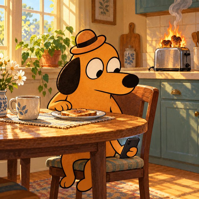 A cartoon illustration of a yellow dog wearing a small hat, sitting at a kitchen table with toast, next to a mug and a toaster on fire.