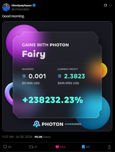 A screenshot of a Photon Solana trading card shows a 238,232.23% gain on the "Fairy" token, with an initial investment of 0.001 (~$0.1845 USD) growing to a current profit of 2.3823 ETH (~$439.4955 USD). The post from @untaxxable highlights the impressive returns on the Solana-based meme token, emphasizing that this wasn't even at its all-time high.