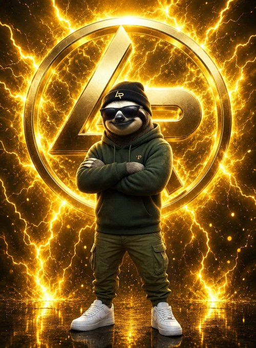 A sloth wearing sunglasses, a beanie with 'LP', and a green hoodie stands confidently with crossed arms in front of a glowing gold 'LP' logo surrounded by electric effects.