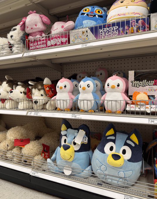 A Target store shelf displays plush toys including Hello Kitty, KPOP Demon Hunters, Mallow plushies ($14.99), and prominently featured Bluey plushies ($9.99). The image illustrates the brand's partnership with Target, showcasing how their products reach the approximately 30 million weekly shoppers across the 75% of Americans living within 10 miles of a Target location.