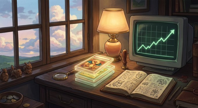 An illustrated scene of a wooden desk by a window, featuring a glowing lamp, magnifying glass, glowing holographic cards, an open notebook, and an old computer monitor displaying a rising green line graph.