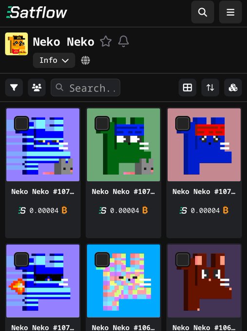A screenshot of the Satflow app showing a collection of pixelated "Neko Neko" NFT characters in various colors, each priced at 0.00004 B (Bitcoin).