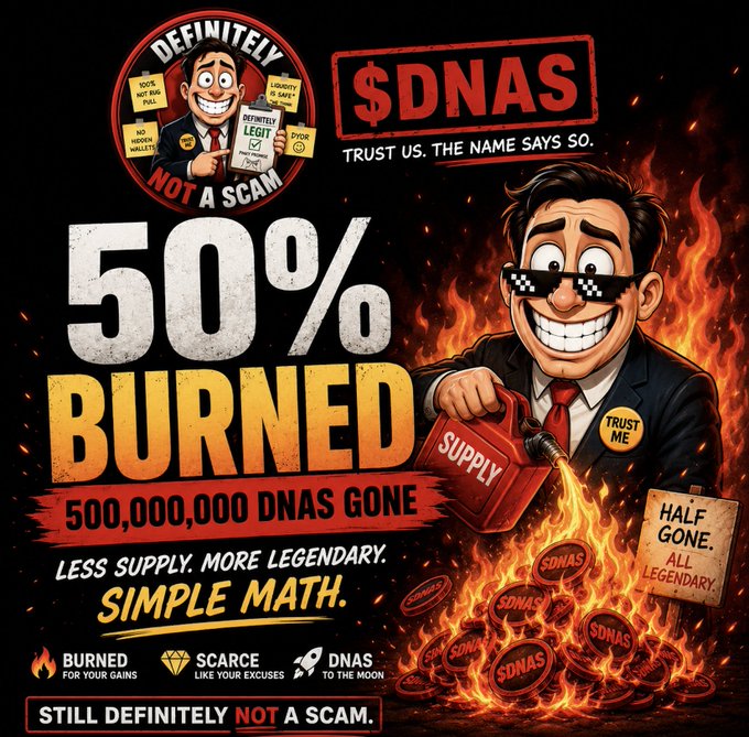 A meme-style promotional graphic for '$DNAS' featuring a cartoon character wearing pixelated sunglasses, with text advertising '50% BURNED' and '500,000,000 DNAS GONE' alongside a 'DEFINITELY NOT A SCAM' badge.