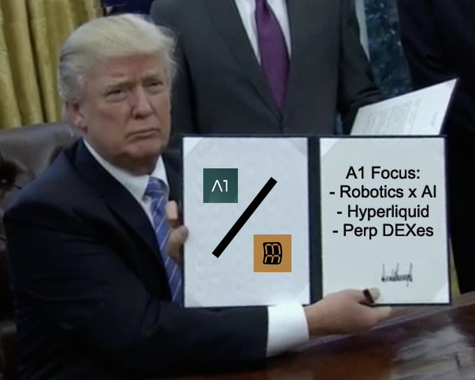 Donald Trump displays a document titled "A1 Focus: Robotics x AI, Hyperliquid, Perp DEXes," humorously reflecting the post's announcement of their renewed focus on these research areas.