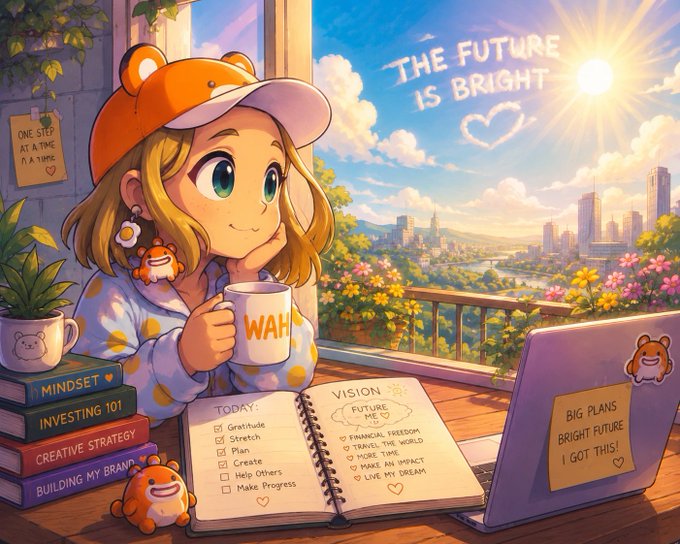 An anime-style illustration of a girl with a bear hat drinking coffee and looking out at a bright future, with a journal showing 'TODAY' tasks and 'VISION' goals, a laptop reading 'BIG PLANS BRIGHT FUTURE I GOT THIS!', and books titled 'MINDSET', 'INVESTING 101', 'CREATIVE STRATEGY', and 'BUILDING MY BRAND'.