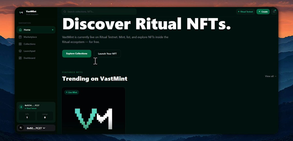 The image shows a website called "Discover Ritual Nfts." The website features a green background with white text, displaying information about the NFT launchpad and its purpose. It also includes a picture of a mountain landscape as part of the design. The main focus is on the NFT launchpad, which is an online platform for creators to showcase and sell their NFT collections.