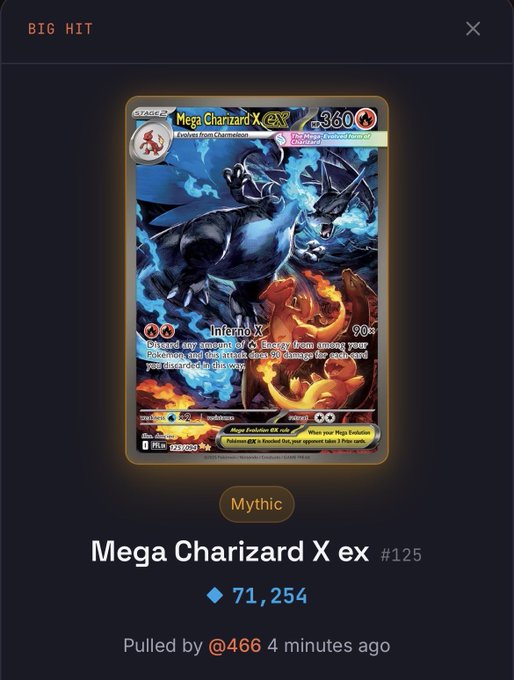 A digital trading card display showing a 'Mythic' rarity 'Mega Charizard X ex #125' Pokémon card pulled by user @466, valued at 71,254 diamonds.