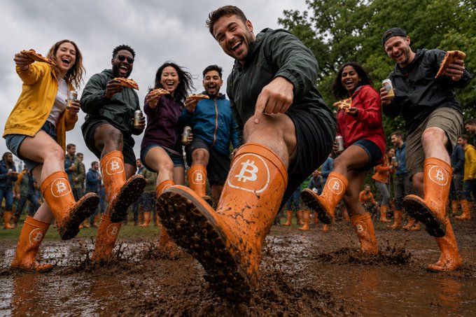 A group of people joyfully stomping through mud wearing orange Bitcoin-branded rain boots, holding drinks and pizza slices.