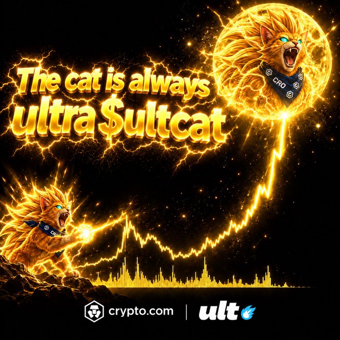 A promotional graphic featuring golden, lightning-empowered cats with the text 'The cat is always ultra $ultcat', alongside branding for crypto.com and ultc.