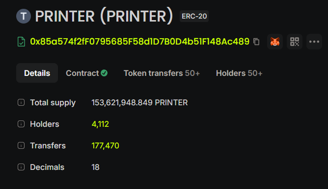 The image shows an Etherscan page for the PRINTER ERC-20 token, displaying a total supply of 153,621,948.849 PRINTER with 4,112 holders and 177,470 transfers, which supports the post's claim of a hard-capped supply just under 154M while highlighting the deflationary tokenomics in action.