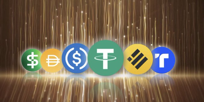 Cryptocurrency logos including USDC and Tether are displayed against a golden sparkling background.