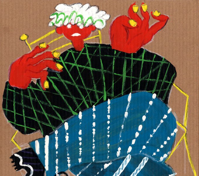 The image features a drawing of a person with red hair, wearing a green and black sweater, holding yellow flowers in their hands. The artwork appears to be done using watercolor paint, giving it a unique texture and color. The artist has also included a caption below the painting that reads "I just accepted the offer from @astro_canon on @xrpcafe (physical painting included) This was also my first work that I minted on XRP chain. I appreciate the love that dear Kos continues to show for my art."