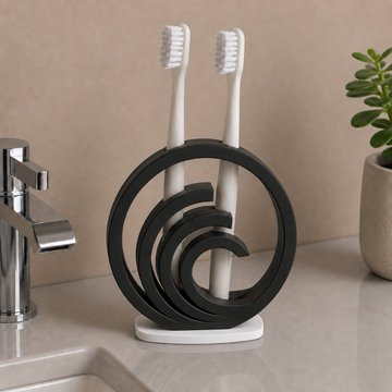 The image shows two toothbrushes held in a modern black spiral-designed holder on a bathroom counter. Notably, the post's text about BitTorrent and decentralized data sovereignty appears unrelated to the bathroom scene depicted, creating a mismatch between the visual content and the accompanying caption.