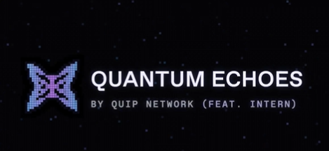 The image displays a pixelated logo with the text "QUANTUM ECHOES BY QUIP NETWORK (FEAT. INTERN)" against a starry dark blue background. The graphic visually represents the Quip Network's branding for its "Quantum Echoes" project, which the accompanying post describes as a pioneering effort preparing for the quantum computing era.