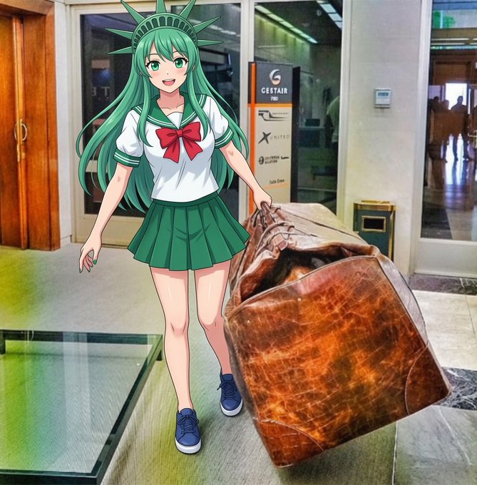 An anime-style Statue of Liberty character in a green school uniform stands in what appears to be an airport lobby (with "GESTAIR FBO" signage visible), pulling a large brown leather duffel bag — visually evoking a "flight" or travel theme that ties into the trading post referencing the stock tickers $PLS and $PCOCK.