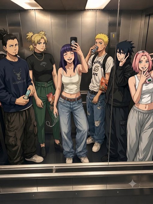 An anime-style illustration of a group of characters including figures resembling Shikamaru, Temari, and other Naruto characters taking a selfie in an elevator.