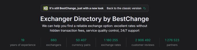 A website screenshot displays 'Exchanger Directory by BestChange' with statistics including '19 years of experience', '660 exchangers', '50 407 currency pairs', and '1 276 523 partners'.