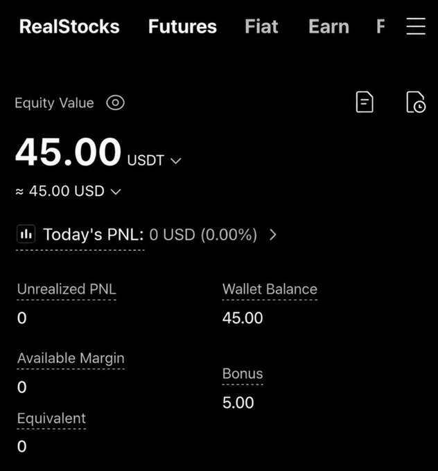 A cryptocurrency trading app screenshot showing an Equity Value of 45.00 USDT with today's PNL at 0 USD (0.00%), a wallet balance of 45.00, and a bonus of 5.00.