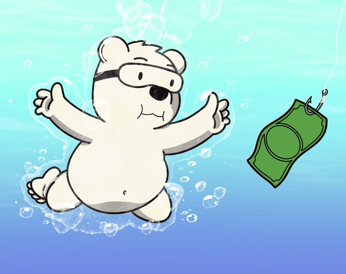 A cartoon illustration of a chubby polar bear wearing swimming goggles underwater, reaching toward a green handheld gaming device dangling from a fishing line.