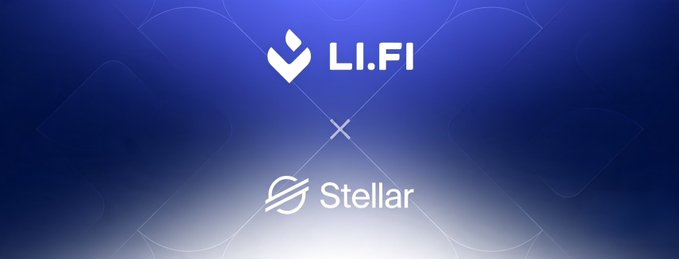 A promotional graphic displaying the "LI.FI" logo above an "x" and the "Stellar" logo on a blue gradient background.