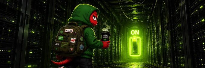 An animated character labeled "INTERN" with a backpack featuring a "BUY" patch walks through a server room towards a glowing "ON" switch. The image visually represents the post's theme of finding new opportunities, like the "INTERN" project, in the digital space.