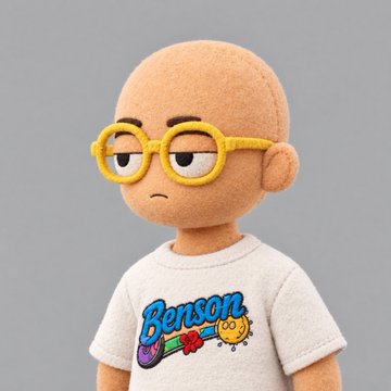A bald felt figurine with a grumpy expression wears yellow glasses and a white t-shirt featuring the word 'Benson' alongside cartoon faces.