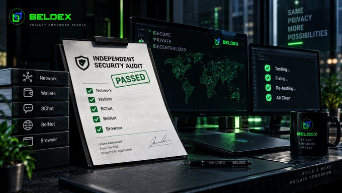 A desk setup displaying a clipboard with an 'INDEPENDENT SECURITY AUDIT PASSED' document for 'BELDEX', alongside a laptop showing a world map and checklist.