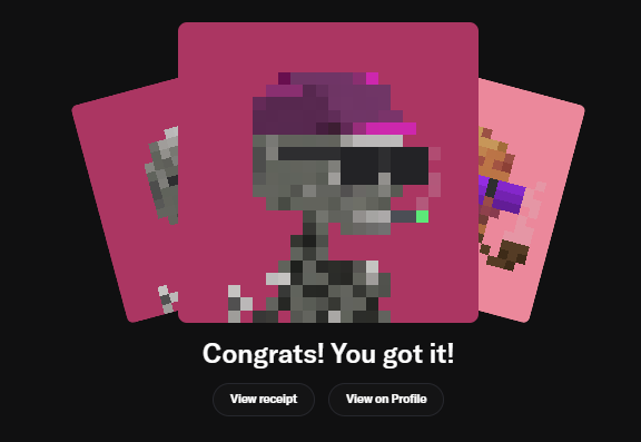 A pixel art profile page featuring a skull-like character with sunglasses and a cigarette, with text 'Congrats! You got it!' and buttons for 'View receipt' and 'View on Profile'.