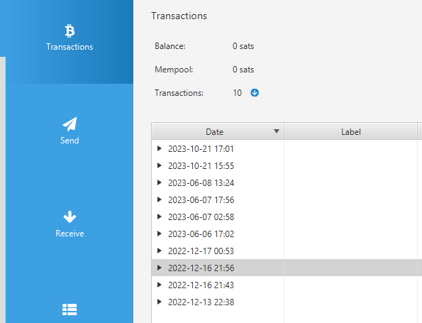 A Bitcoin wallet interface showing a 'Transactions' tab with a balance of 0 sats, 0 sats in the mempool, and 10 total transactions listed with dates ranging from 2022-12-13 to 2023-10-21.