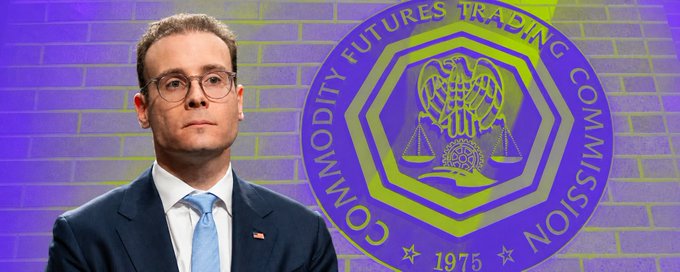 CFTC Chair Michael Selig, pictured beside the Commodity Futures Trading Commission seal (established 1975), has signaled that markets should brace for mass tokenization and around-the-clock trading in the coming years.