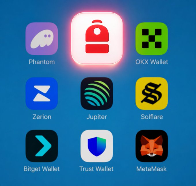 A grid of cryptocurrency wallet app icons displayed against a blue background, featuring Phantom, OKX Wallet, Zerion, Jupiter, Solflare, Bitget Wallet, Trust Wallet, and MetaMask, with an unlabeled red backpack icon highlighted at the top center representing Backpack Wallet—the user's preferred choice among these competitors.