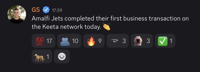 A Discord-style message from user "GS" at 17:59 reads "Amalfi Jets completed their first business transaction on the Keeta network today." followed by various emoji reactions including a cheetah and smiley face.