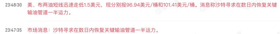Chinese-language market news timestamps showing oil futures (WTI at $96.94/barrel and Brent at $101.41/barrel) dropping $1.5, with reports about Saudi Aramco seeking to restore half its oil pipeline capacity within days.