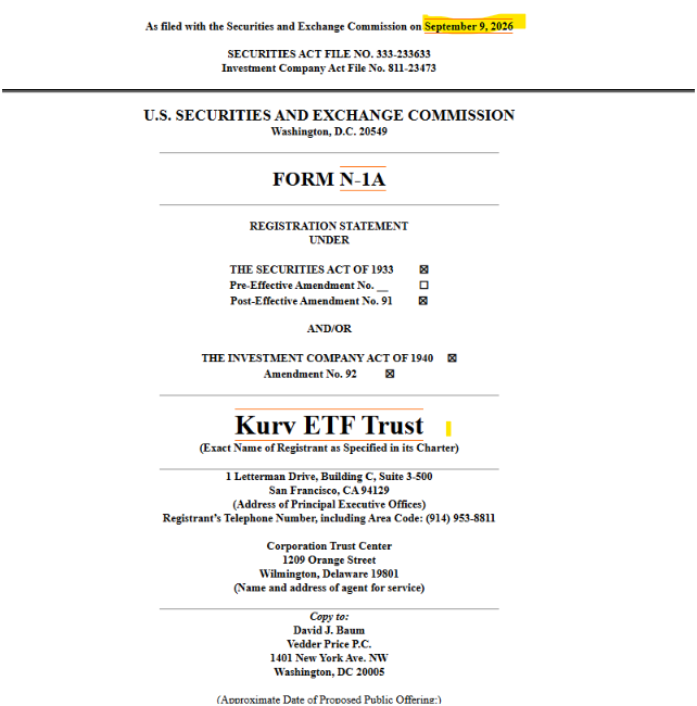 The image shows the cover page of a Form N-1A registration statement filed with the SEC on September 9, 2026, by Kurv ETF Trust (SEC File No. 333-233633), confirming the post's claim about a new SEC filing for Kurv's yield-focused ETF products, with a copy directed to David J. Baum of Vedder Price P.C.
