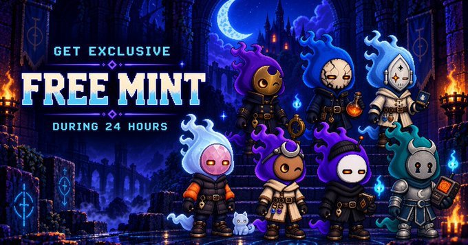 A promotional graphic for a 'FREE MINT DURING 24 HOURS' featuring cartoon ghost-like characters with blue flames in a gothic castle setting.