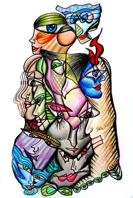A colorful abstract cubist drawing featuring multiple overlapping faces with blue, green, and purple tones rendered in ink and watercolor.