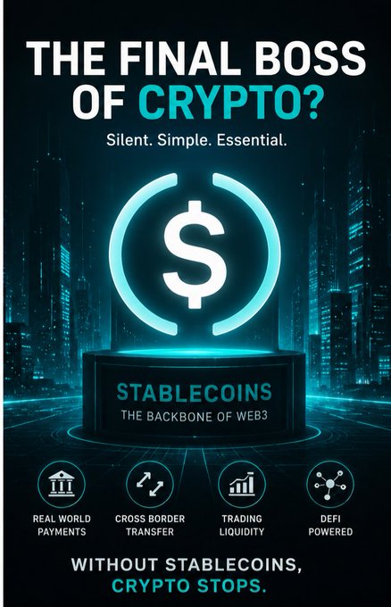 A futuristic digital poster headlined "THE FINAL BOSS OF CRYPTO?" with the tagline "Silent. Simple. Essential." showcases a glowing dollar sign inside a neon ring, labeled "STABLECOINS - THE BACKBONE OF WEB3," along with four icons representing Real World Payments, Cross Border Transfer, Trading Liquidity, and DeFi Powered, closing with the bold statement "WITHOUT STABLECOINS, CRYPTO STOPS."

The image aligns with the post's theme by highlighting stablecoins as the foundational "final boss" of crypto infrastructure—mirroring the argument that Ethereum serves as the silent, essential backbone that powers the broader Web3 ecosystem.